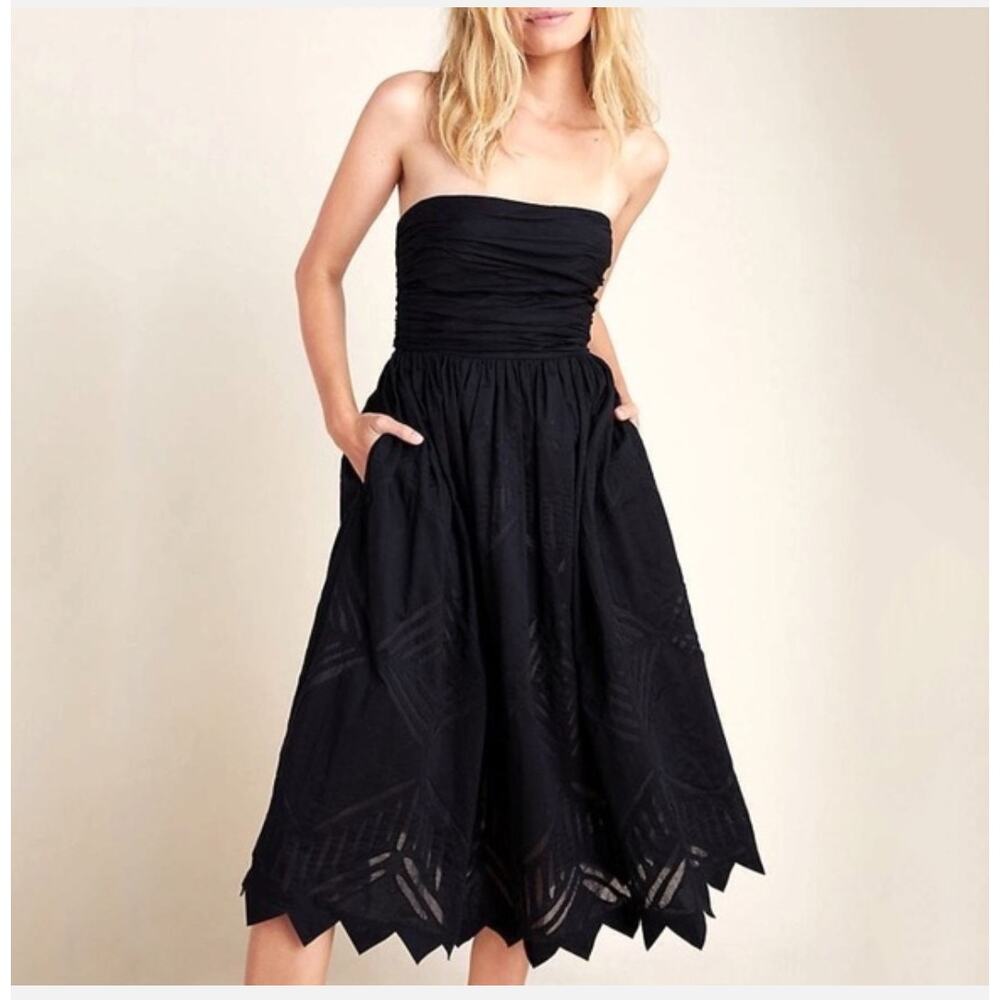 Anthropologie Luisa Strapless Black Midi Dress Size 6 Ruched Bodice Minimalist